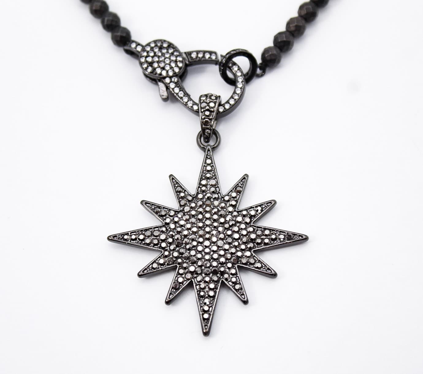 Starburst Cubic Zirconia Pave Pendant Natural Faceted Beads Necklace 15" - Thumbnail 8