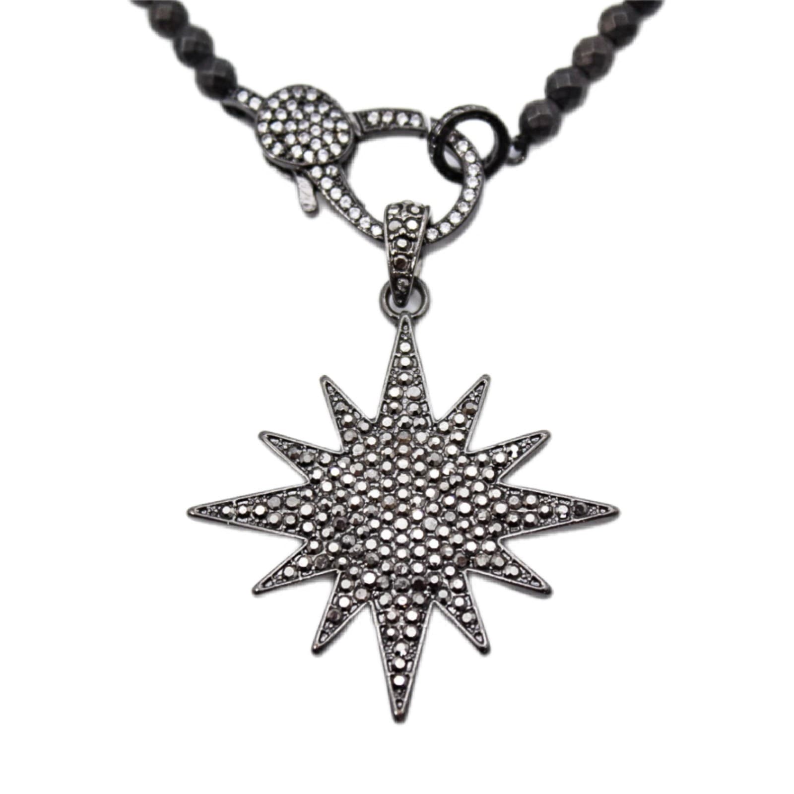 Starburst Cubic Zirconia Pave Pendant Natural Faceted Beads Necklace 15"