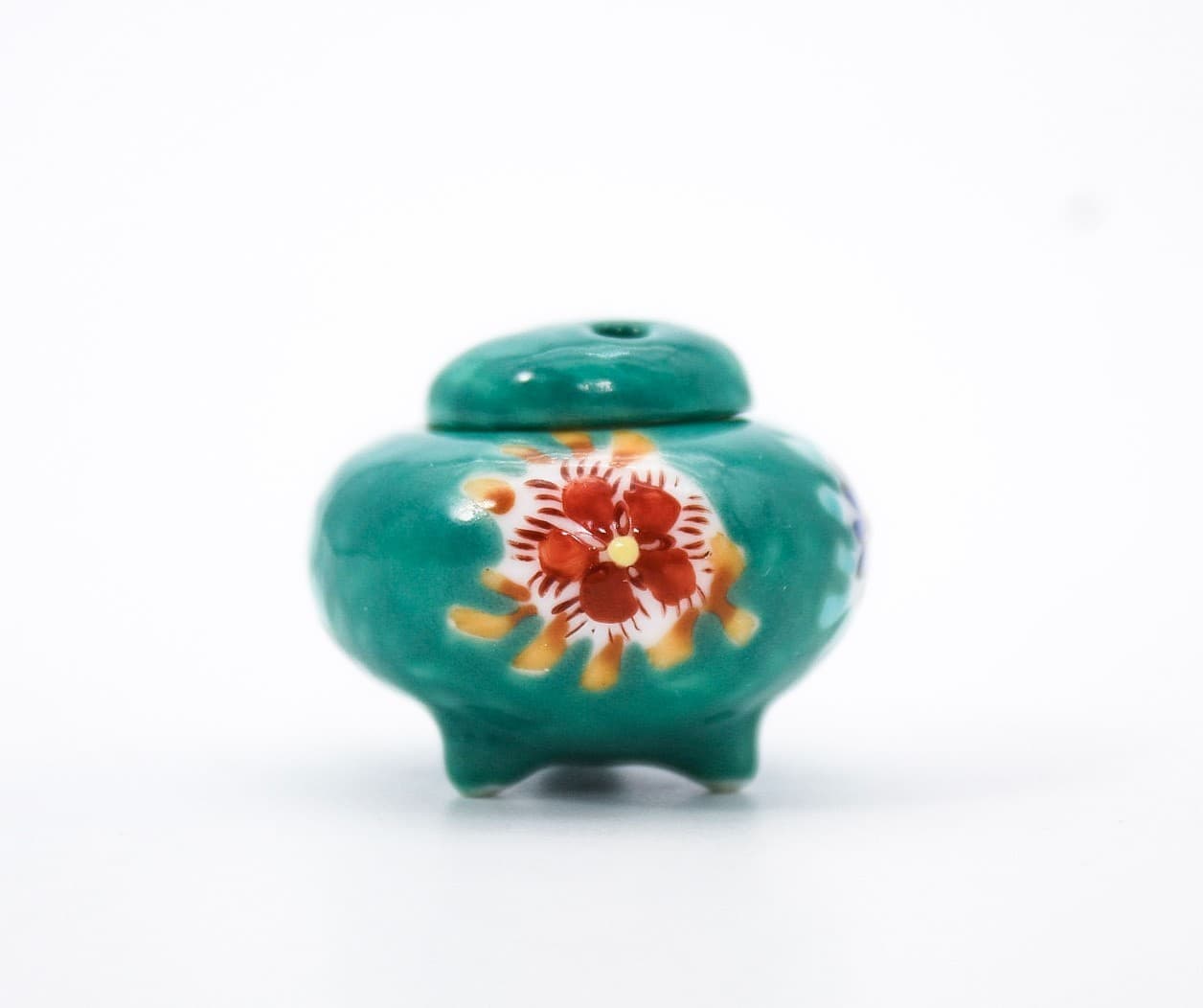 Vintage Kutani Ware Koro Green Floral Japanese Miniature Incense Burner - Thumbnail 4