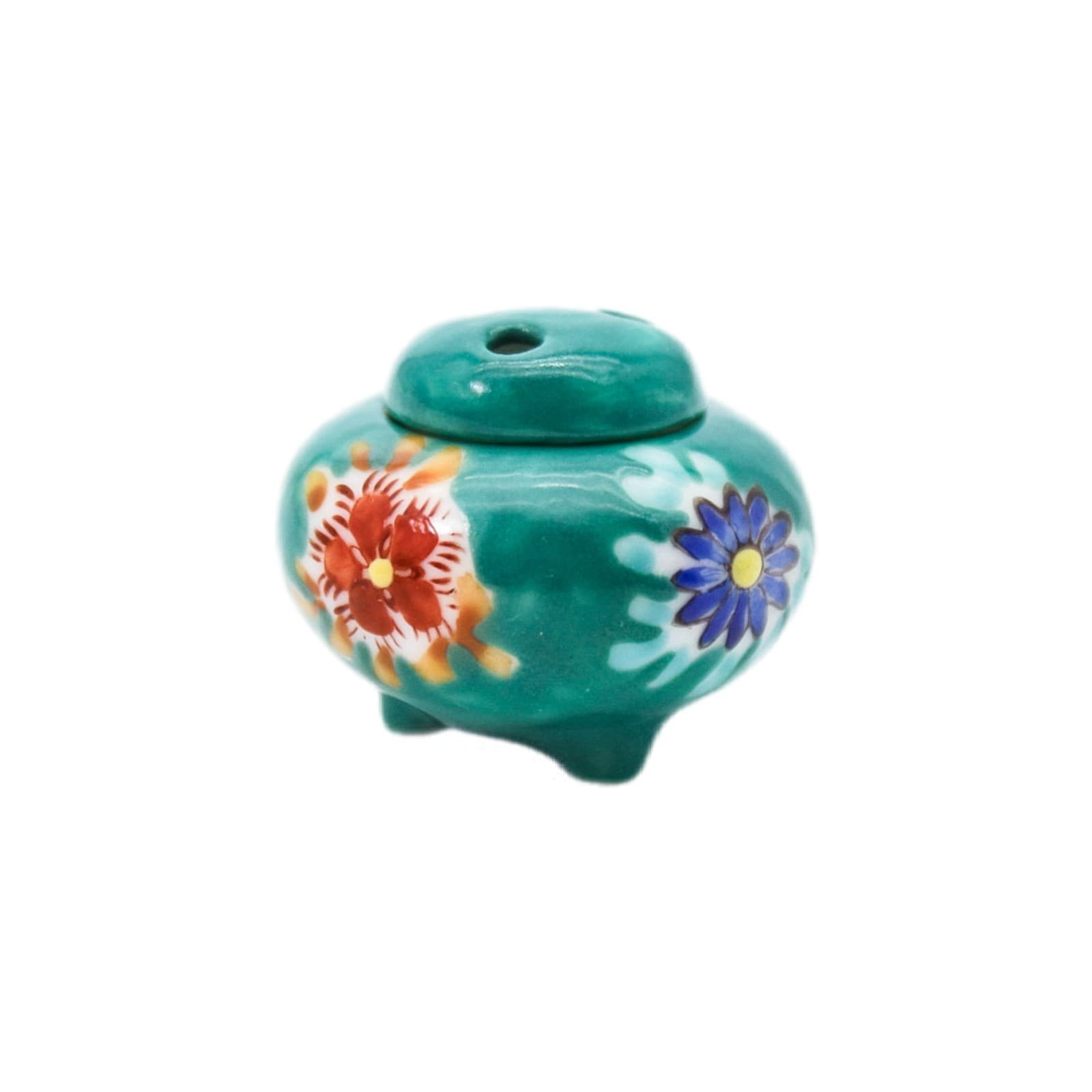Vintage Kutani Ware Koro Green Floral Japanese Miniature Incense Burner