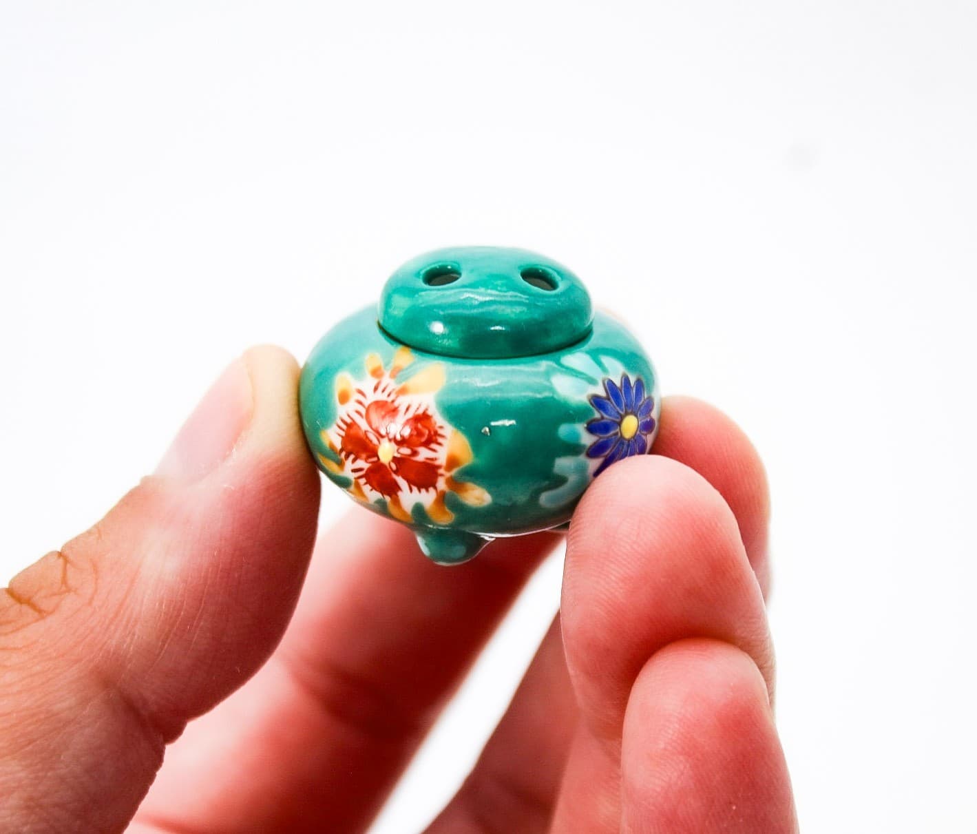 Vintage Kutani Ware Koro Green Floral Japanese Miniature Incense Burner - Thumbnail 2