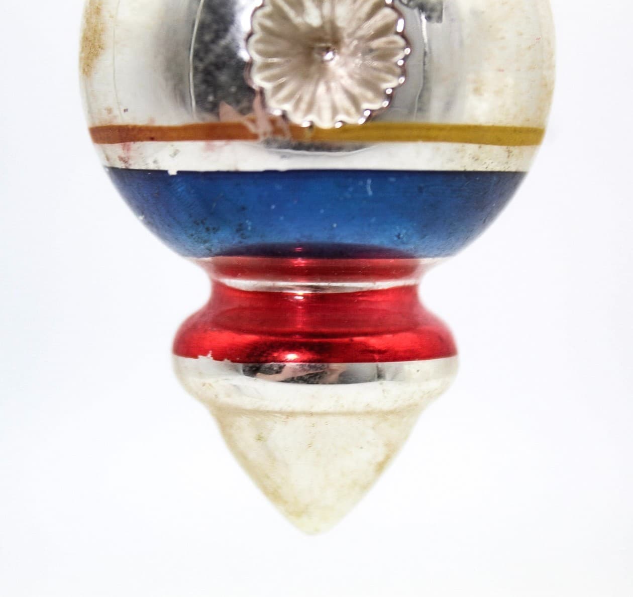 WWII Era Premier Glass Double Reflector Red Blue Stripe Christmas Ornament - Thumbnail 6