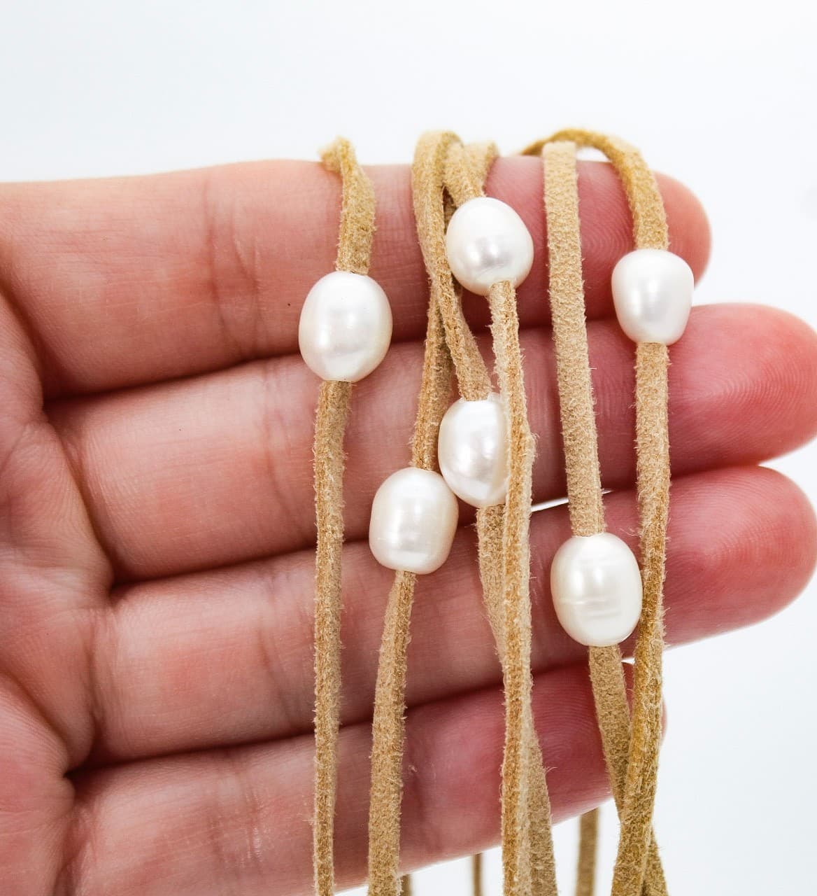Minimalist Freshwater Natural Pearl Leather Wrap Long Necklace 52" - Thumbnail 4
