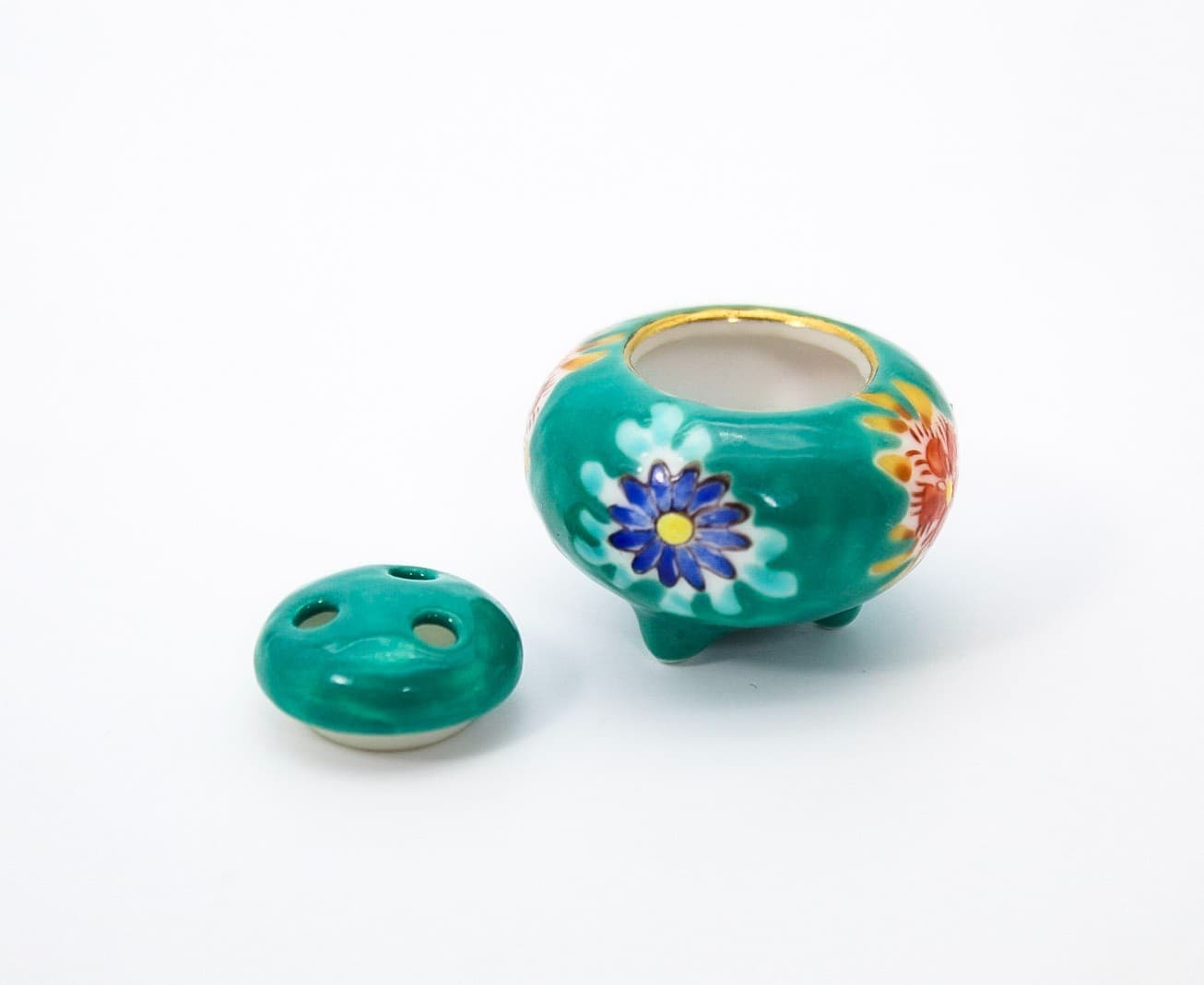 Vintage Kutani Ware Koro Green Floral Japanese Miniature Incense Burner - Thumbnail 7