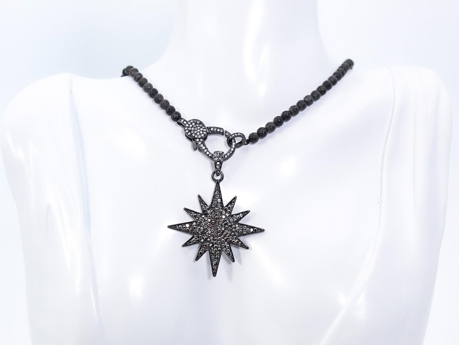 Starburst Cubic Zirconia Pave Pendant Natural Faceted Beads Necklace 15" - Thumbnail 3