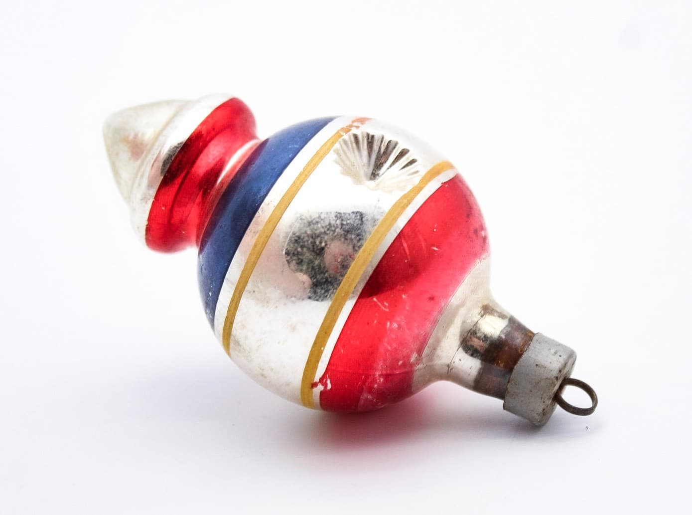 WWII Era Premier Glass Double Reflector Red Blue Stripe Christmas Ornament - Thumbnail 3