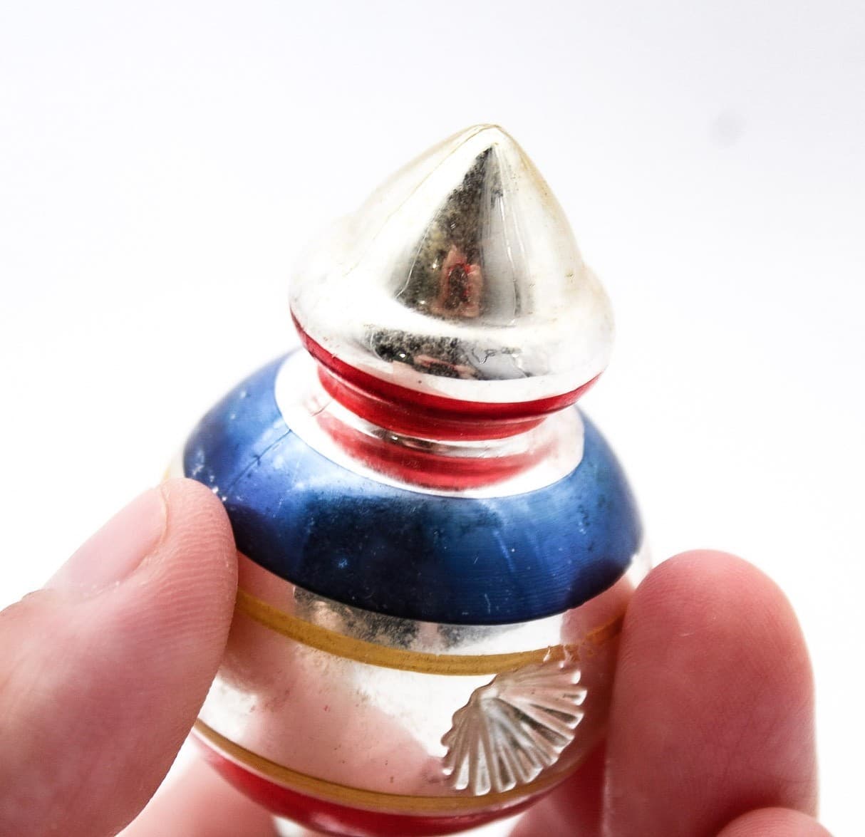WWII Era Premier Glass Double Reflector Red Blue Stripe Christmas Ornament - Thumbnail 4