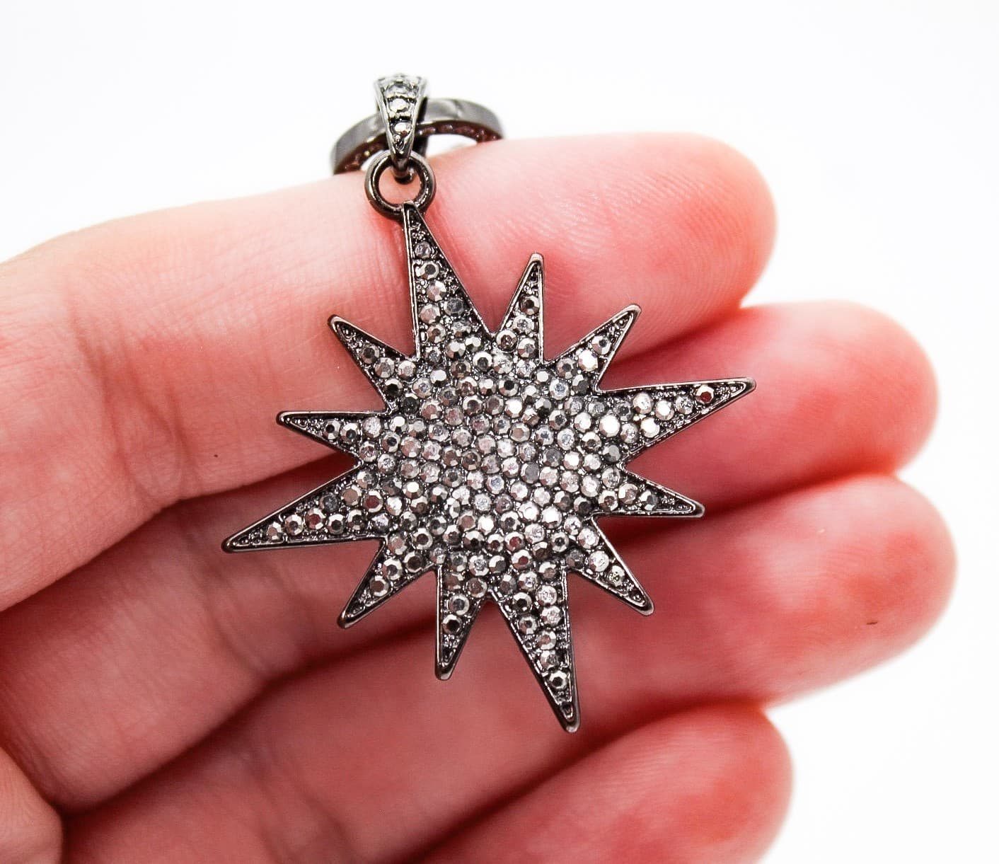 Starburst Cubic Zirconia Pave Pendant Natural Faceted Beads Necklace 15" - Thumbnail 4