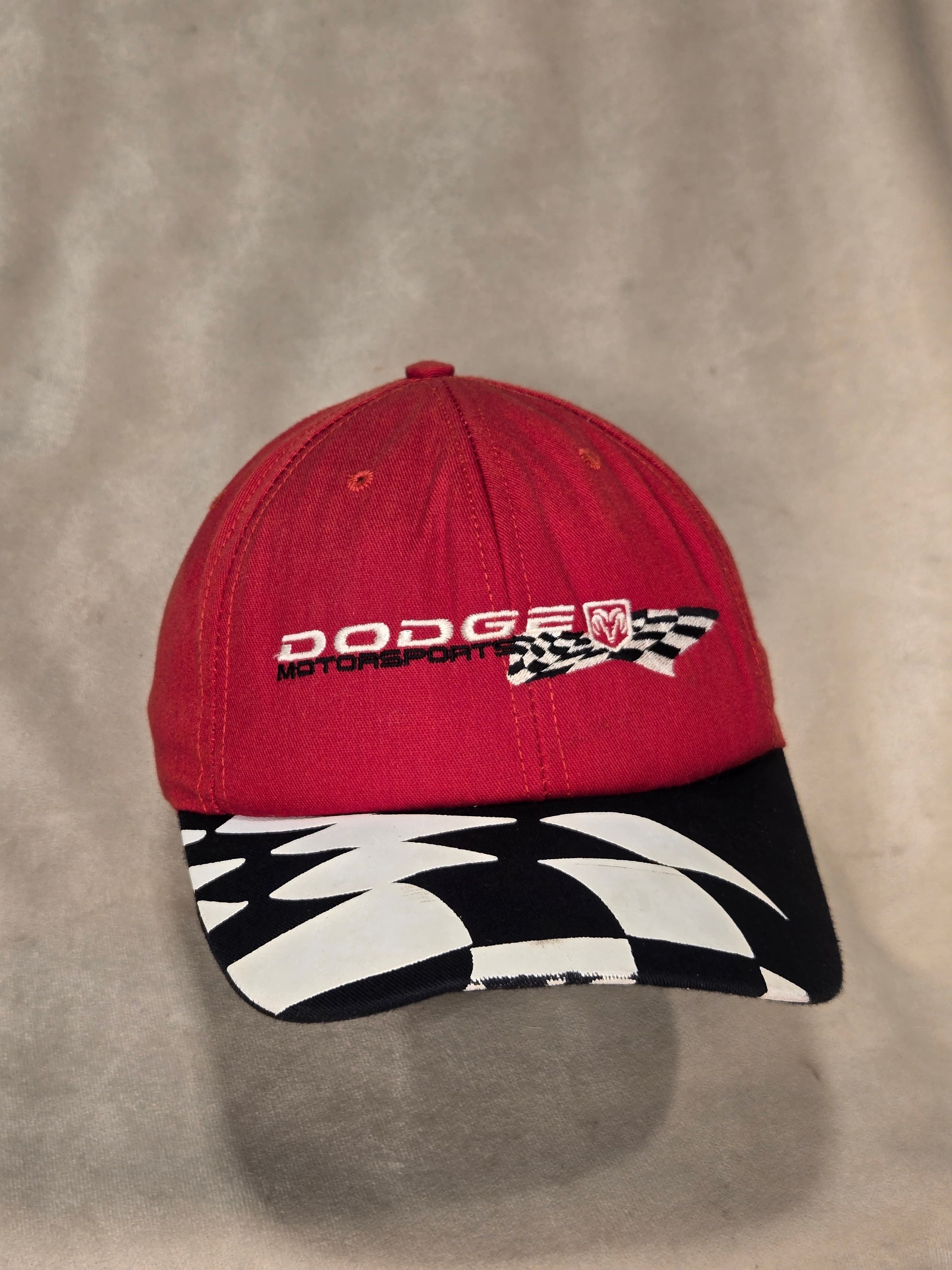 Dodge Motorsports Red Hat Checkered Brim Made in USA Adjustable Baseball Cap