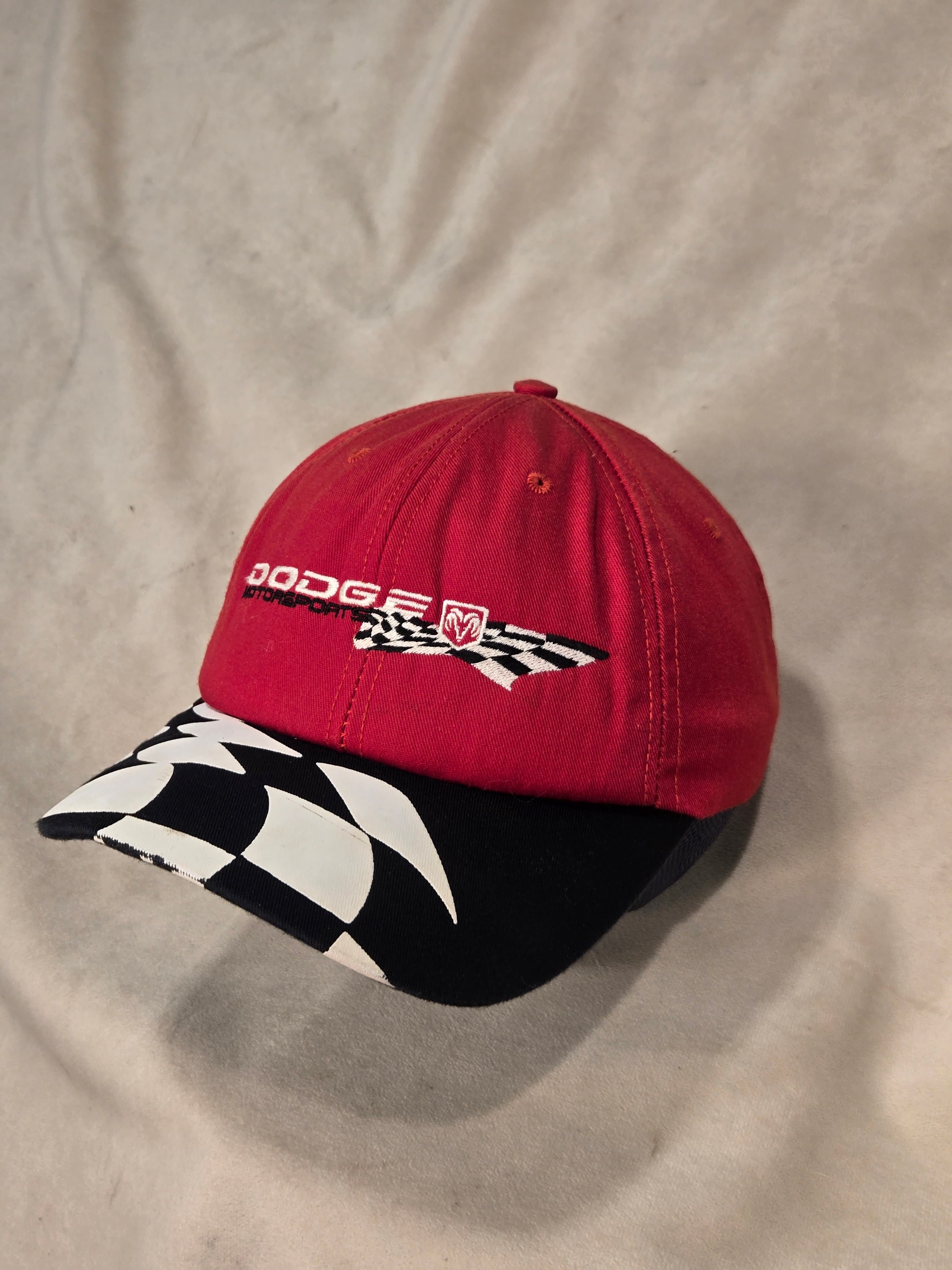 Dodge Motorsports Red Hat Checkered Brim Made in USA Adjustable Baseball Cap - Thumbnail 2