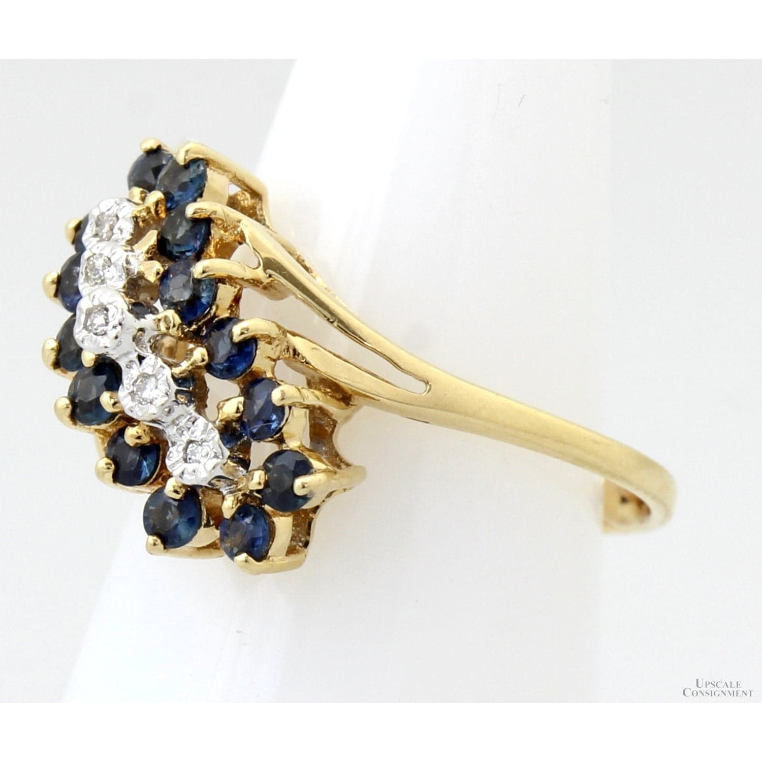 Mid-Century 14K Gold Sapphire & Diamond Three-Row Ring - Size 5 - Thumbnail 2