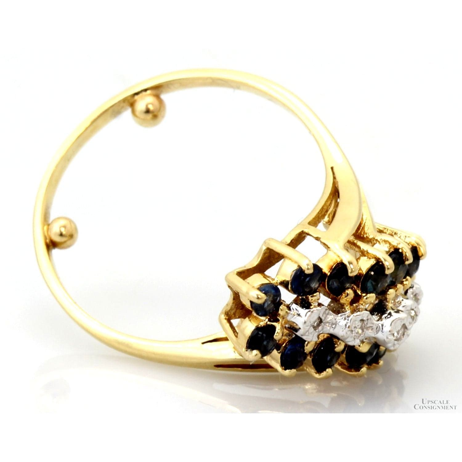 Mid-Century 14K Gold Sapphire & Diamond Three-Row Ring - Size 5 - Thumbnail 3
