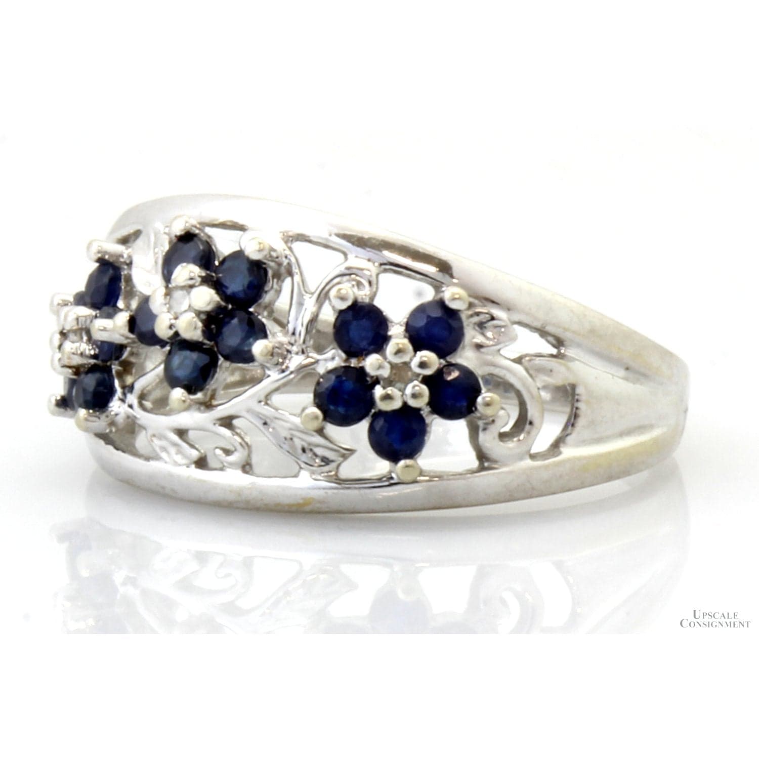 10K Gold Natural Blue Sapphire & Diamond Floral Motif Ring - Size 7 - Thumbnail 2