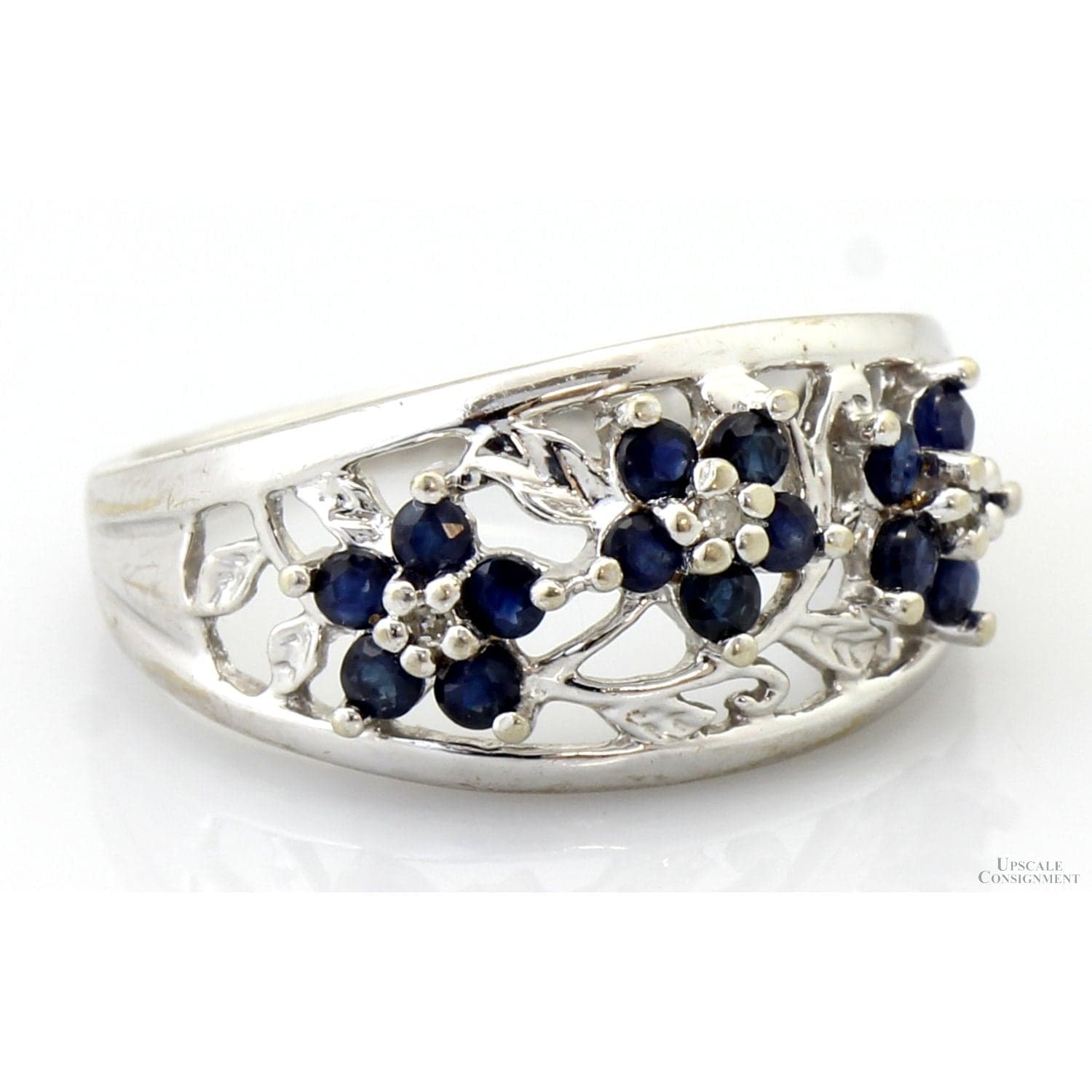 10K Gold Natural Blue Sapphire & Diamond Floral Motif Ring - Size 7 - Thumbnail 4