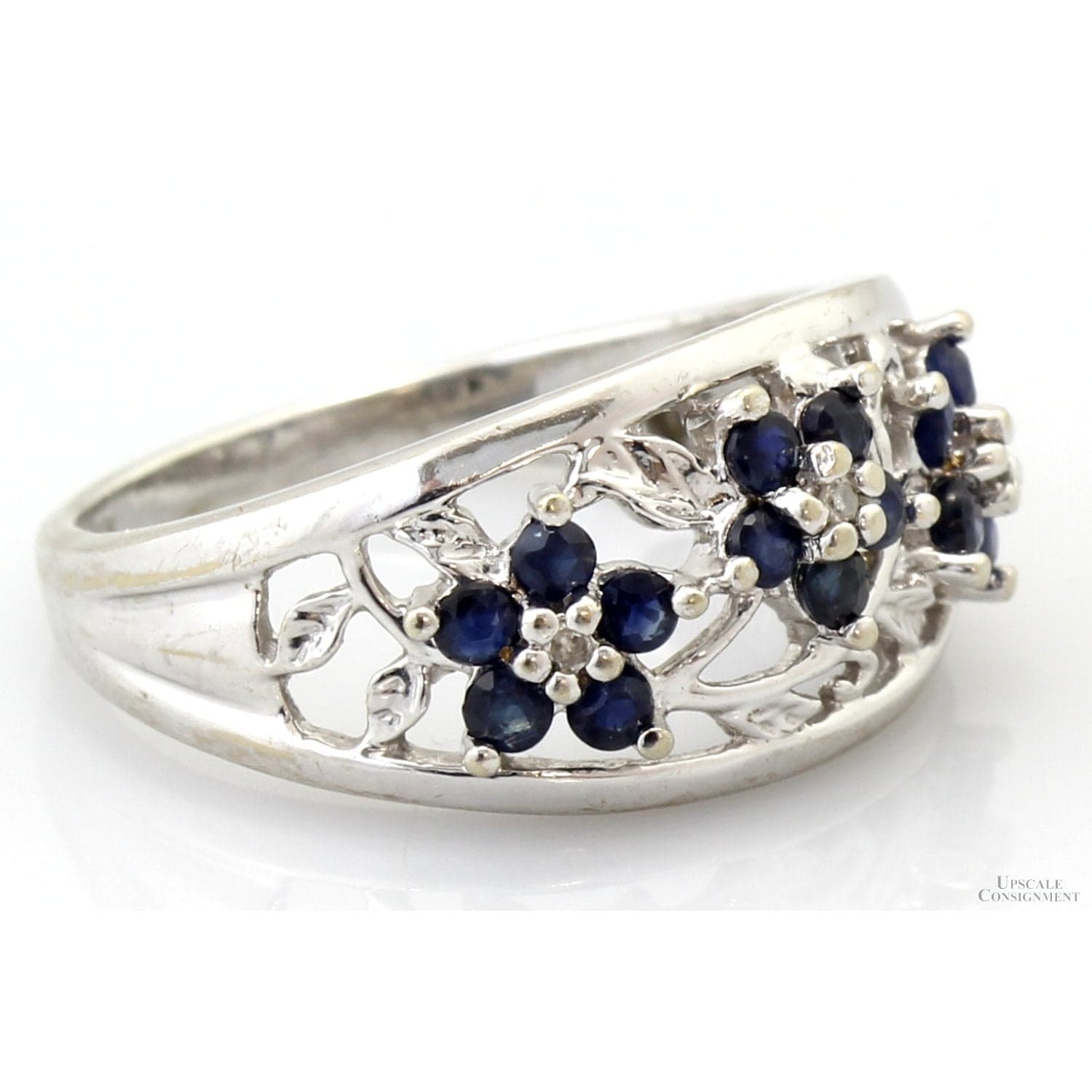 10K Gold Natural Blue Sapphire & Diamond Floral Motif Ring - Size 7 - Thumbnail 3