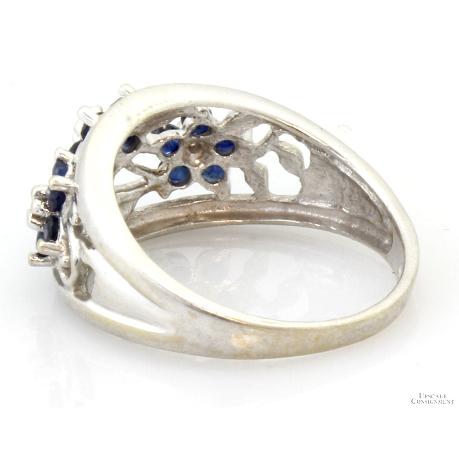 10K Gold Natural Blue Sapphire & Diamond Floral Motif Ring - Size 7 - Thumbnail 5