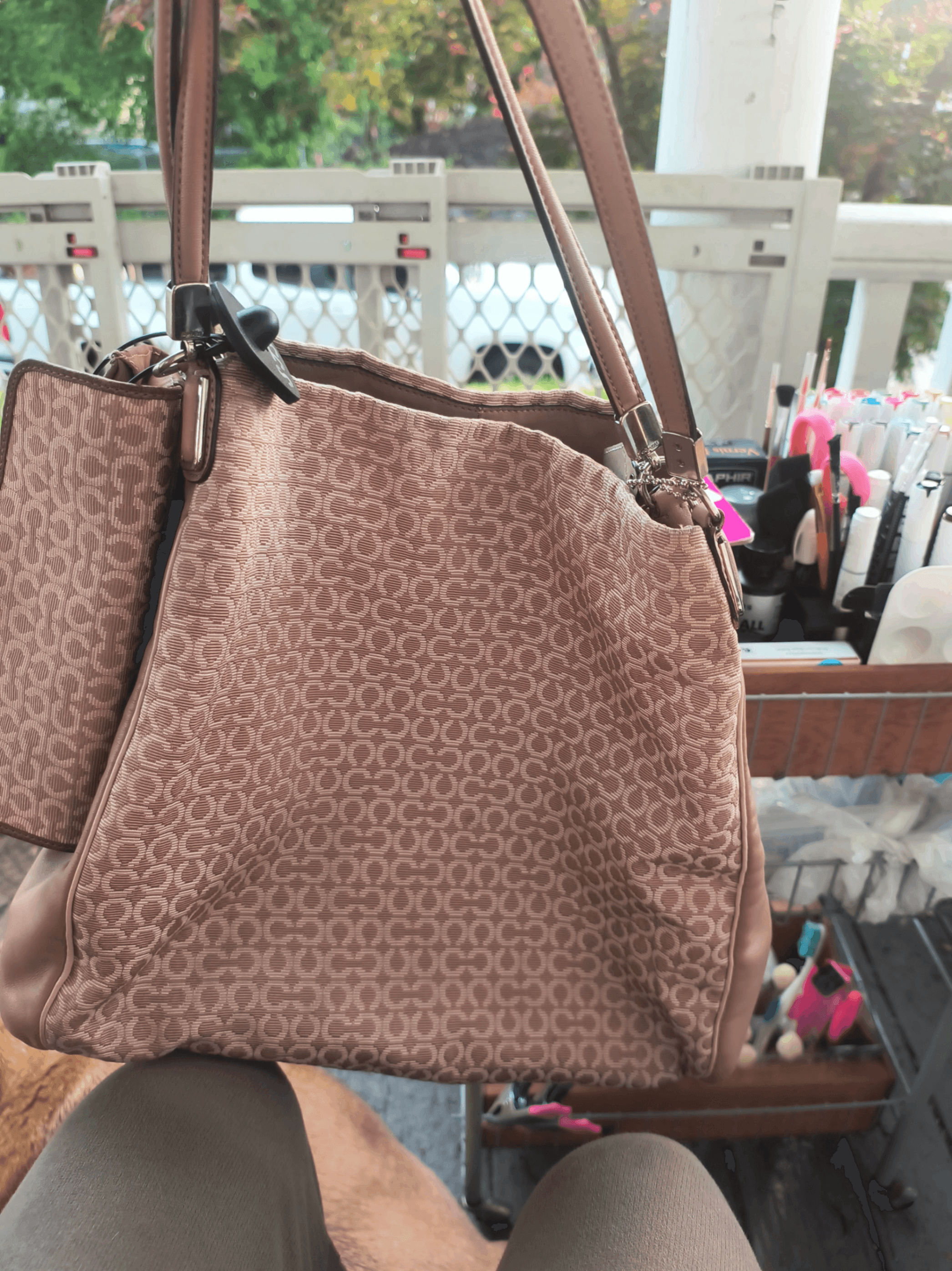 COACH Madison Phoebe Shoulder Bagin in Beige & Khaki with Signature Op Art Needlepoint Fabric