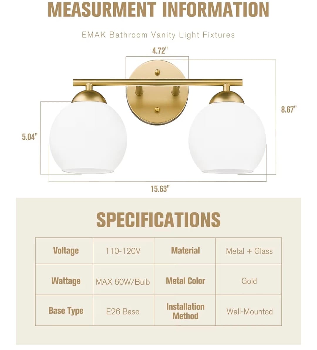 EMAK 2-Light Gold Bathroom Light Fixtures, Modern Globe Vanity Lights with Milk Glass Shade for Bathroom, VL114-GD-ML-2 - Thumbnail 3