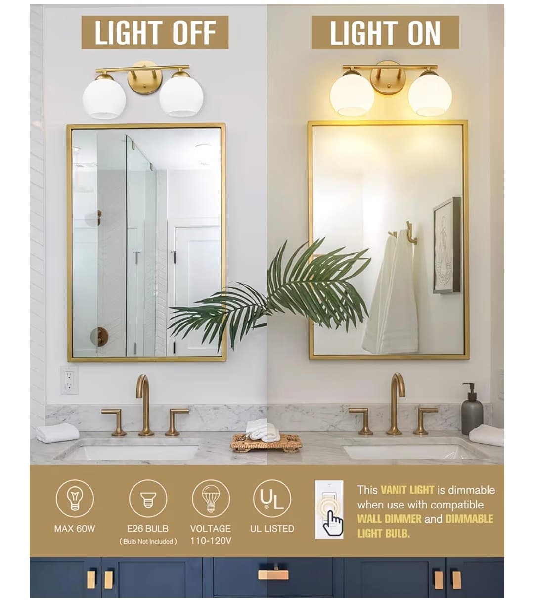 EMAK 2-Light Gold Bathroom Light Fixtures, Modern Globe Vanity Lights with Milk Glass Shade for Bathroom, VL114-GD-ML-2 - Thumbnail 2