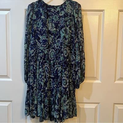 Anthropologie Abstract Smocked Dress Blue Green Balloon Sleeve Boho Size 1X - Thumbnail 14