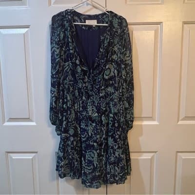 Anthropologie Abstract Smocked Dress Blue Green Balloon Sleeve Boho Size 1X