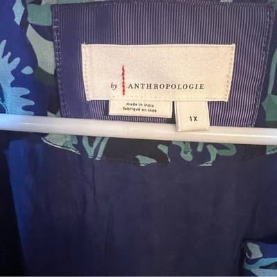 Anthropologie Abstract Smocked Dress Blue Green Balloon Sleeve Boho Size 1X - Thumbnail 2