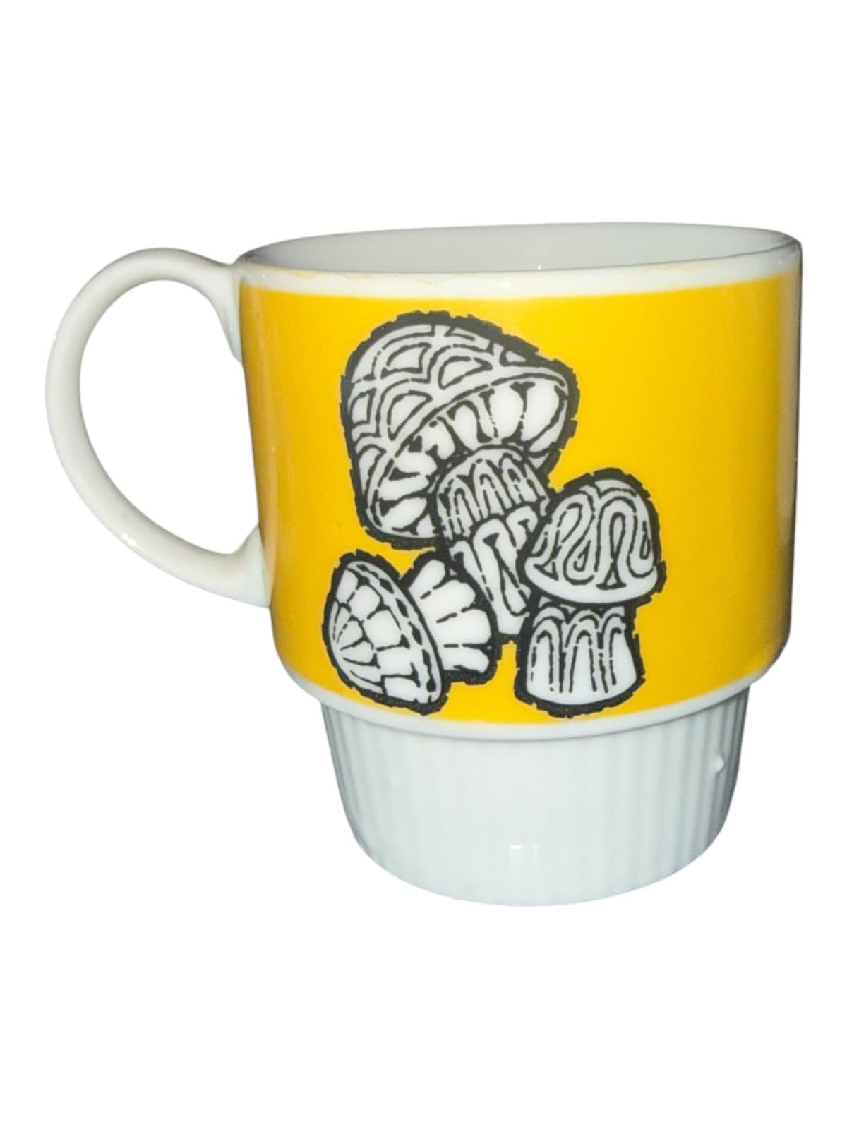 Vintage Nevco Stacking Coffee Mug Cup Yellow Mushroom Ribbed Bottom