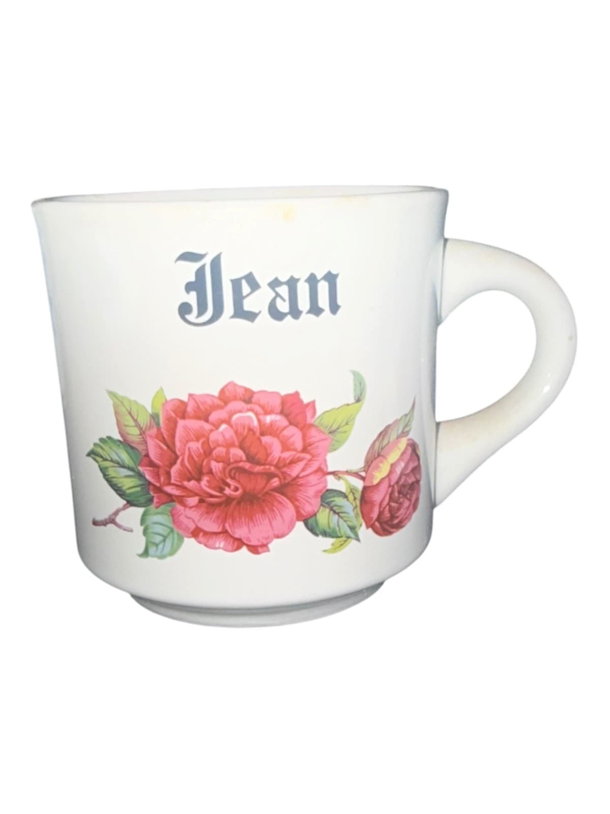 Vintage Papel Jean Name Pink Rose Floral Coffee Mug Cup White Ceramic
