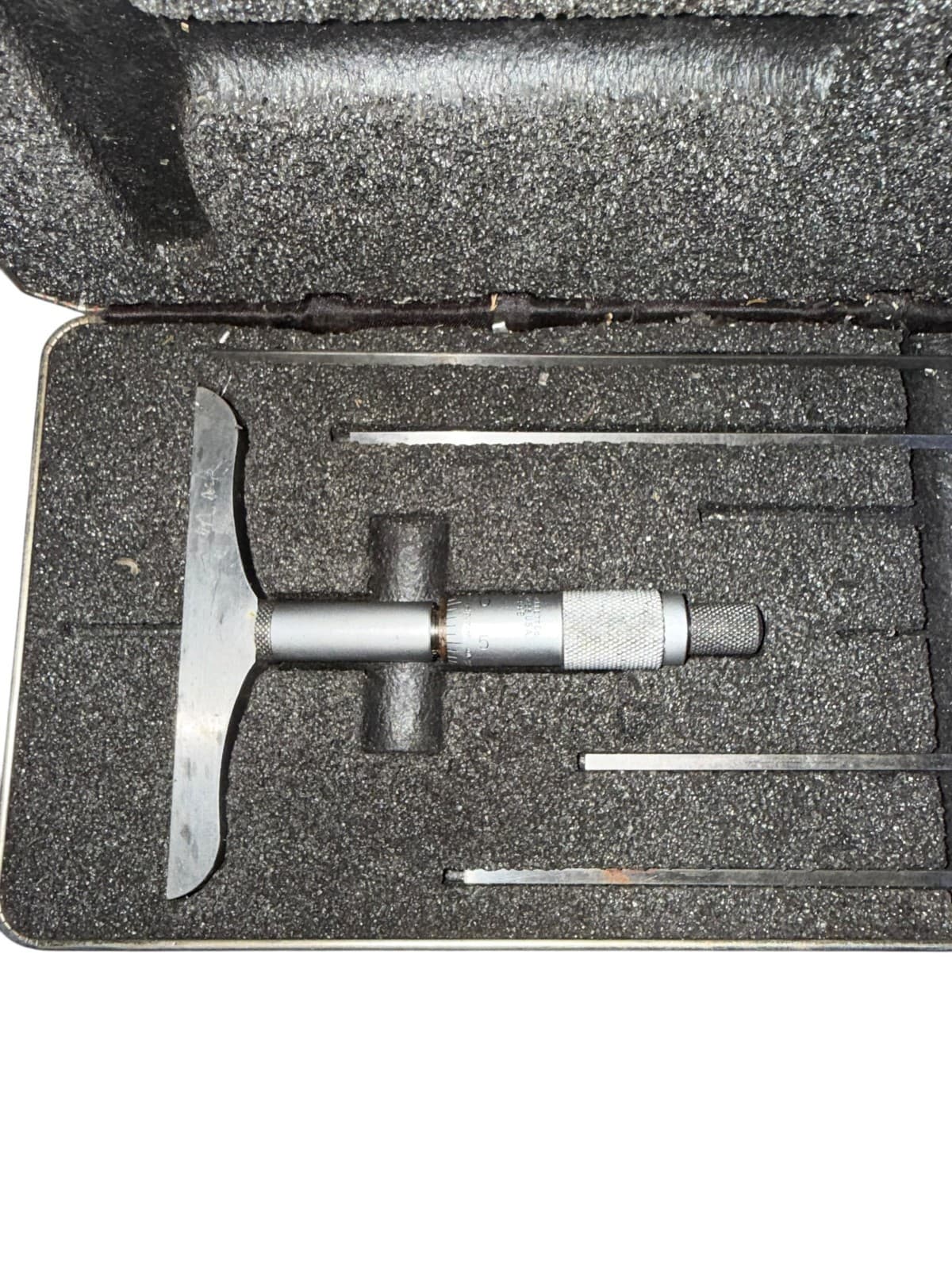 Vintage Starrett Mechanical Depth Micrometer Set w/ 4 Rods and Fitted Case - Thumbnail 2