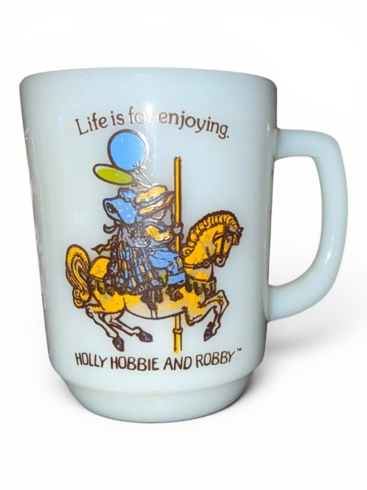 Vintage Holly Hobbie and Robby Life Is For Enjoying Milk Glass Coffee Mug
