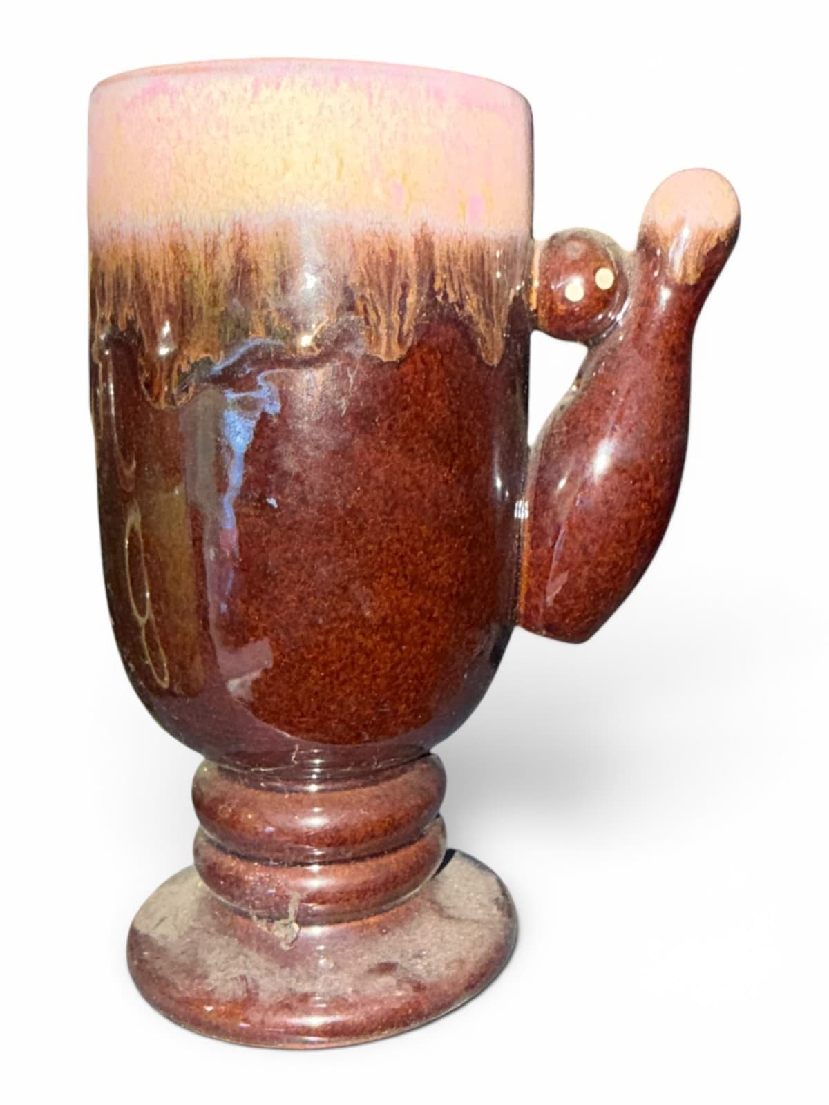 Vintage Mafco Bowling Pin Handle Coffee Mug Cup Brown Pink Ceramic