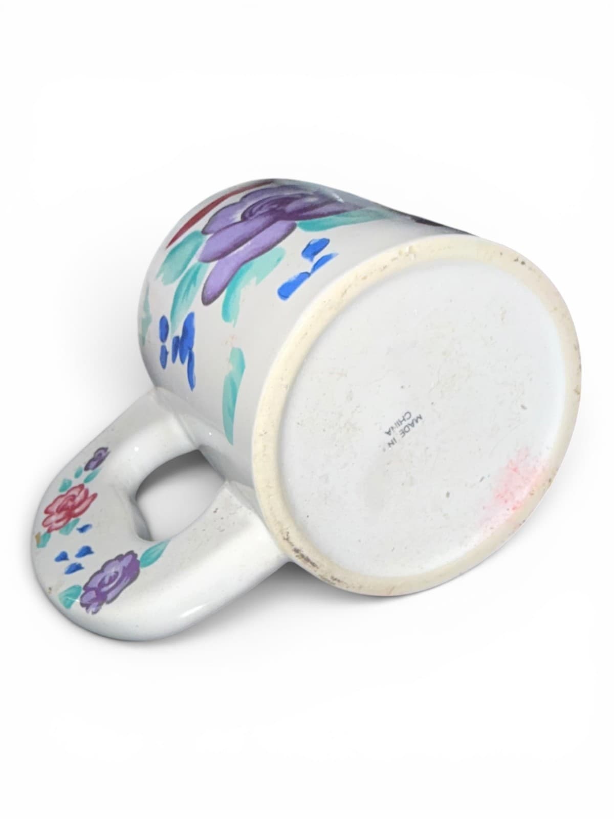 Vintage Pastel Rose Ceramic Coffee Mug Handpainted Flat Handle - Thumbnail 3