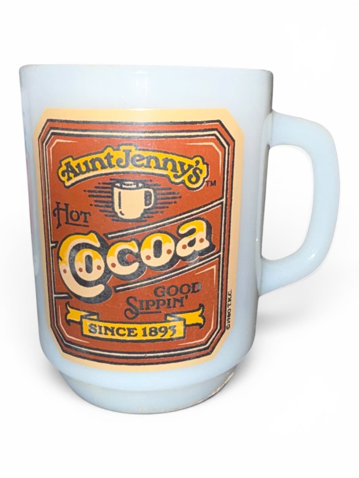 Vintage Anchor Hocking Aunt Jennys Hot Cocoa Milk Glass Coffee Mug Cup