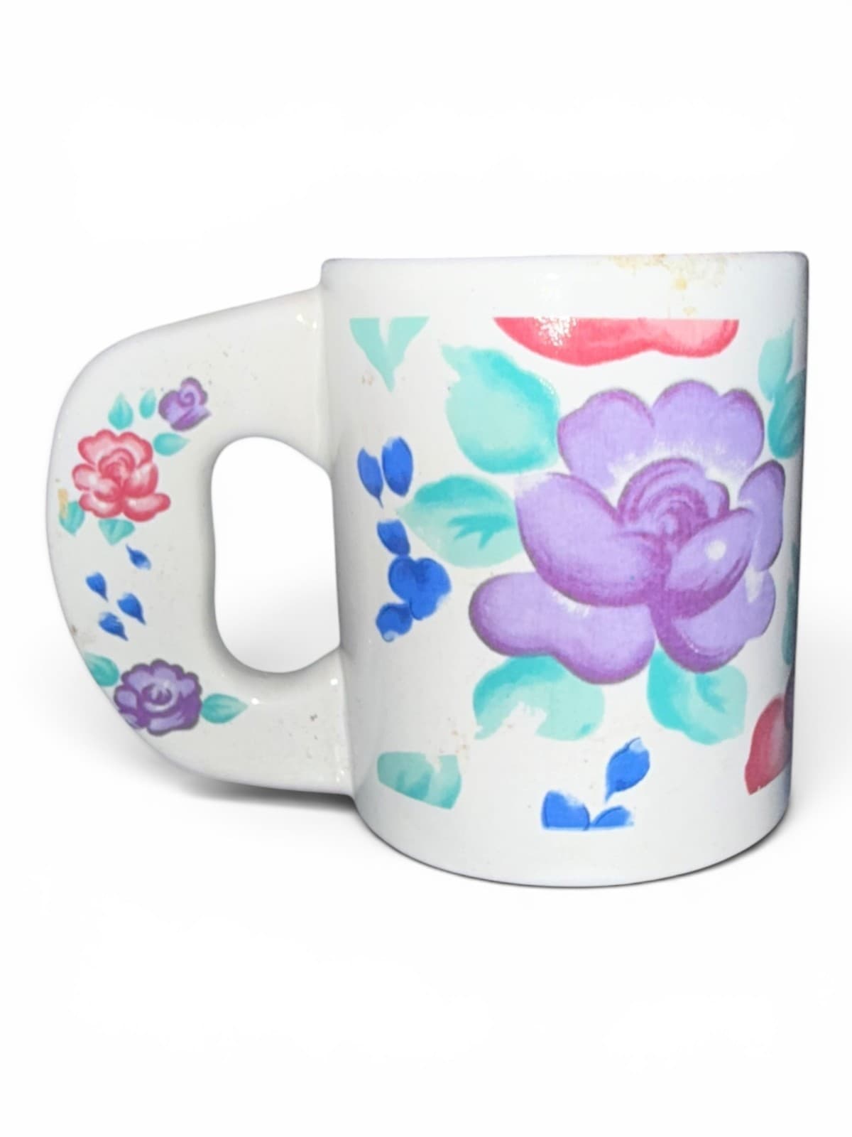 Vintage Pastel Rose Ceramic Coffee Mug Handpainted Flat Handle - Thumbnail 2
