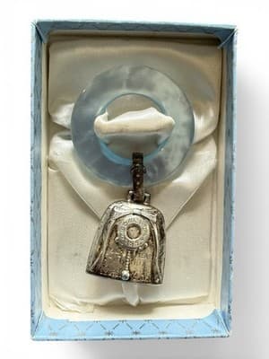 Vintage WEB Sterling Silver Baby Birth Record Rattle Blue Teether Box