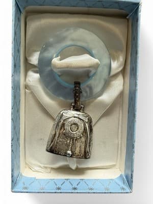 Vintage WEB Sterling Silver Baby Birth Record Rattle Blue Teether Box - Thumbnail 3