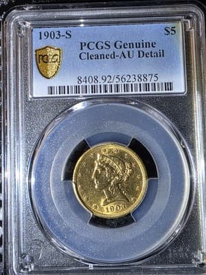 1903‑S $5 Liberty Head Half Eagle Gold Coin PCGS Genuine AU Detail - Thumbnail 3