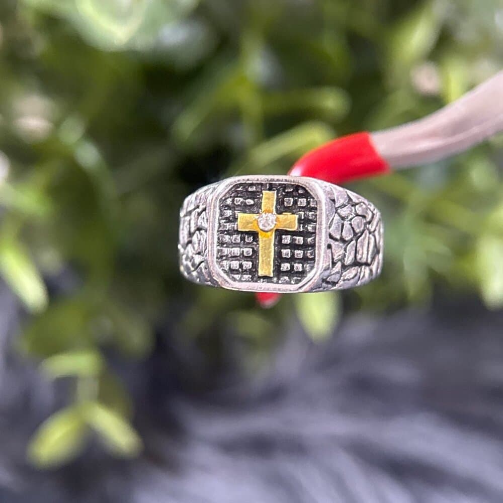 Cz Golden Cross Silvertone Ring
