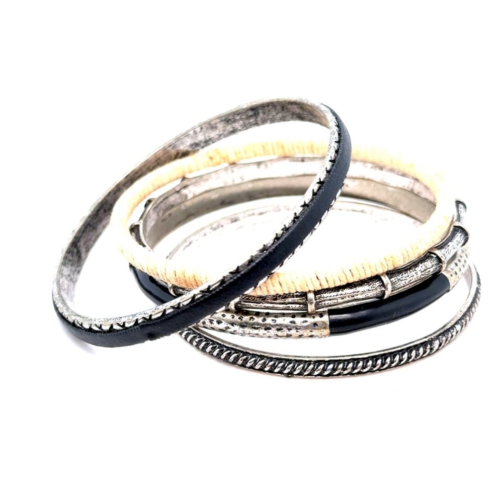 Mixed Metal and Black Wrapped Bangle Set - Women Jewelry (c1)