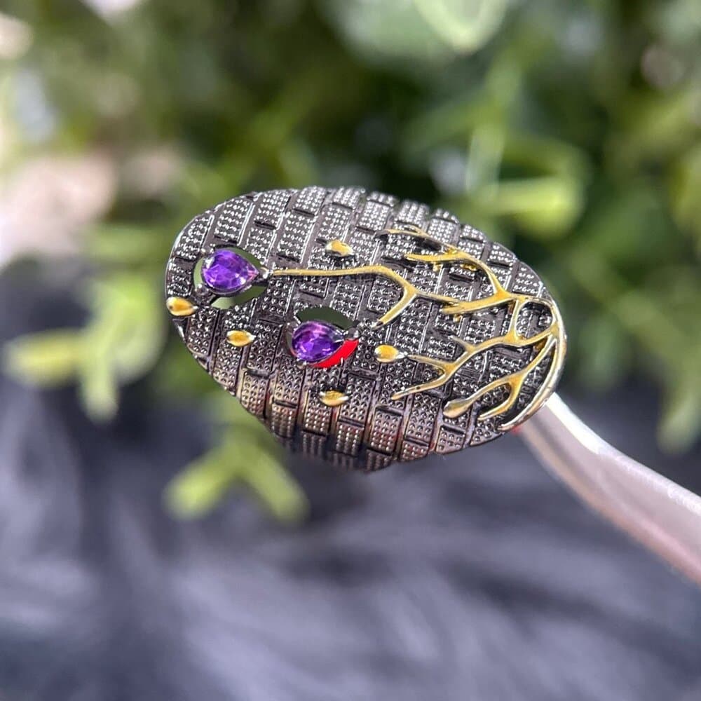 Black Statement Ring with Purple Stones