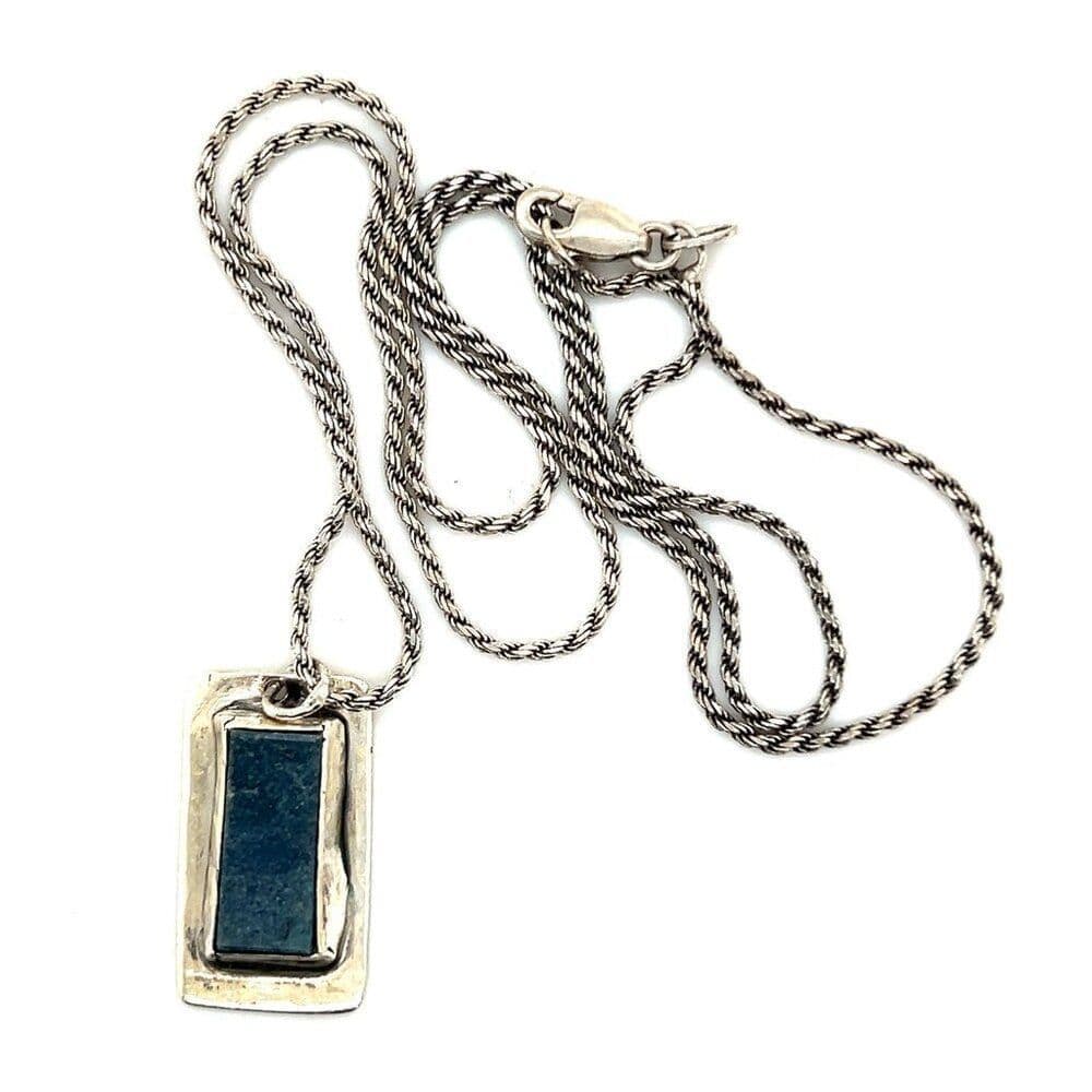Rectangular Blue Stone Silver Necklace - Thumbnail 2