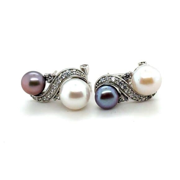 925 Silver Faux Black/White Pearl/ Cz Earrings - Thumbnail 8