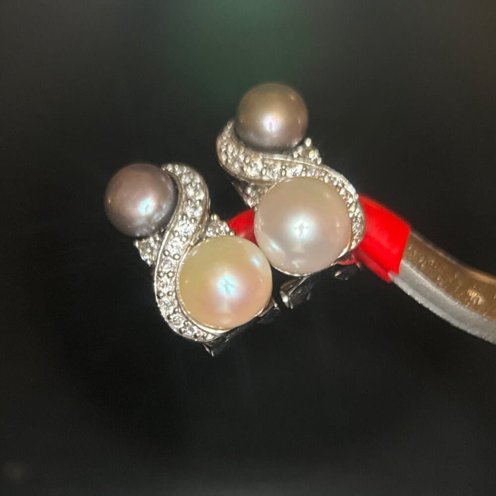 925 Silver Faux Black/White Pearl/ Cz Earrings - Thumbnail 2