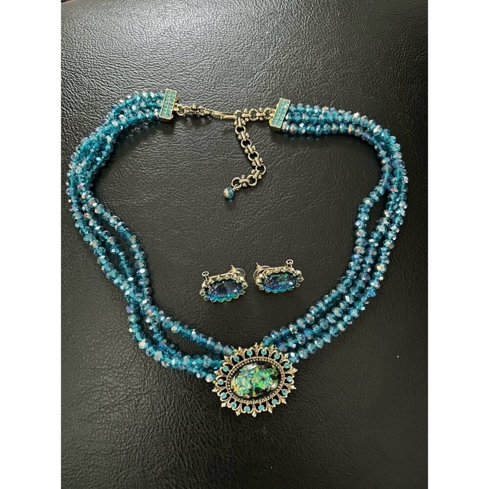Stunning Heidi Daus Blue/Green Multi-Strand Necklace & Earrings Set