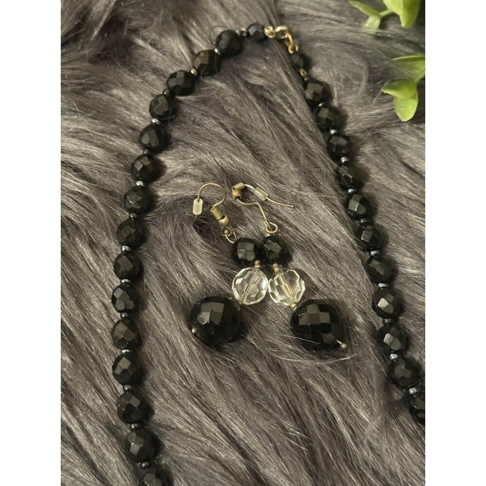 Black Bead Necklace & Earrings Set