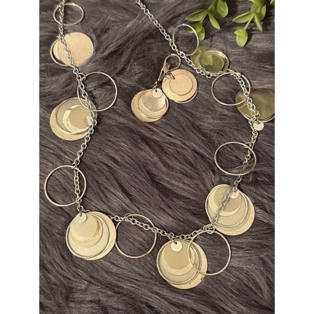 Silver Tone Discs Necklace & Earrings Set
