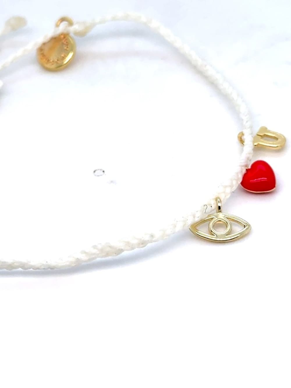 Pura Vida White Braided Bracelet with Red Heart and Gold Charms