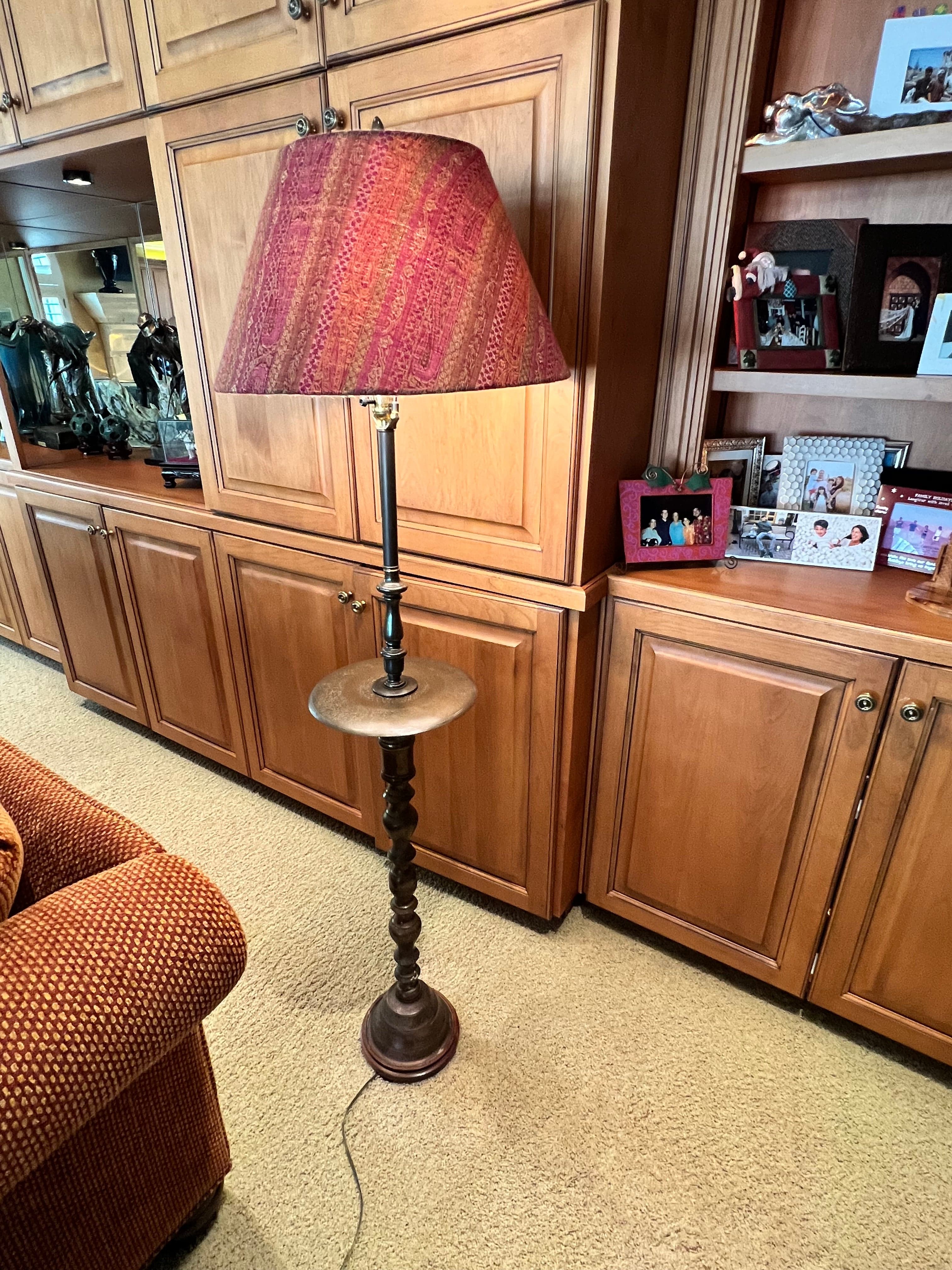 Embossed Pedestal Brass Floor Lamp w Center Table PD138-3 - Thumbnail 2