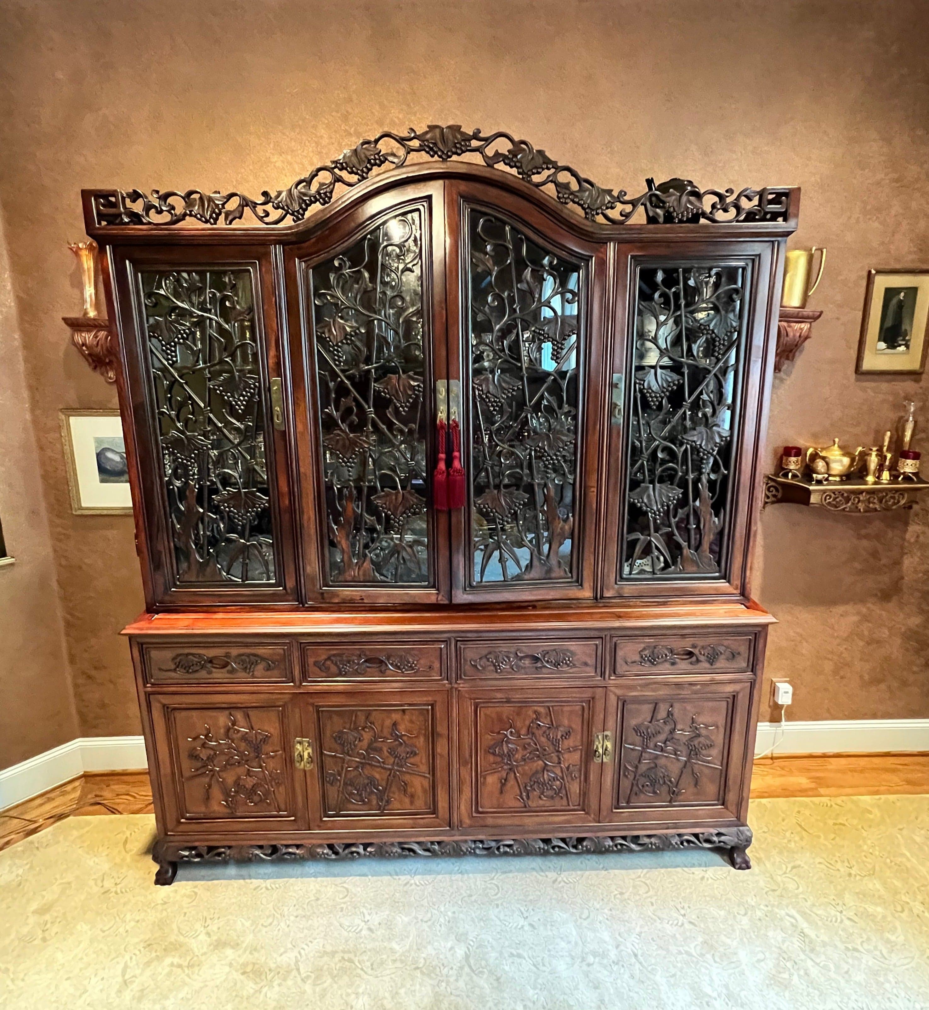 Vintage Rosewood China Cabinet with Carved Grape & Vine PD138-13 - Thumbnail 2