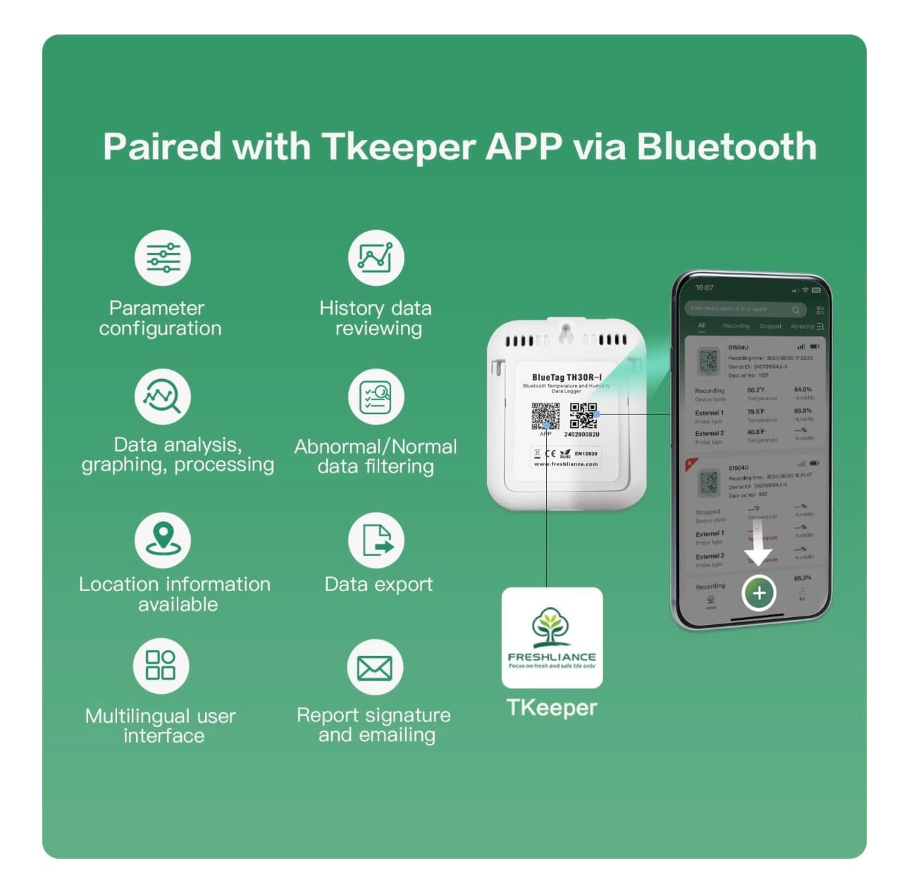 Freshliance Temperature Humidity Data Logger Recorder Bluetooth with 2pcs External Probe, Digital Refrigerator Thermometer Hygrometer, Remote Data Recording Analysis Alarm by Smart APP,BlueTag TH30R-I - Thumbnail 6